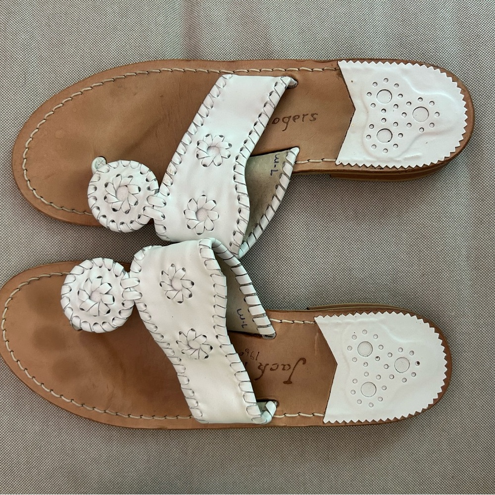 Jack Rogers Palm Beach Flats White and Tan Leather Sandals